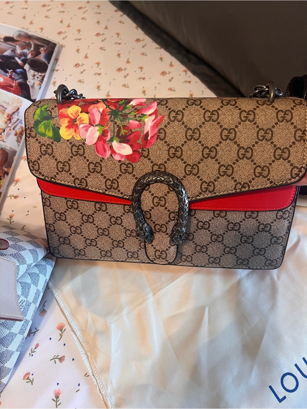 Shoulder Bag with Red Trim and Floral Accent excellent quality
